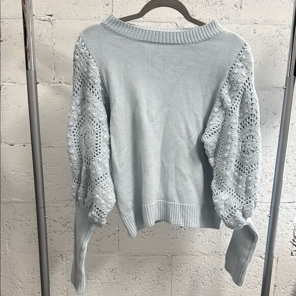 Fate Sweaters - Light Blue Sweater with Crochet Sleeves - Long Sleeve FATE Sweater Size Medium